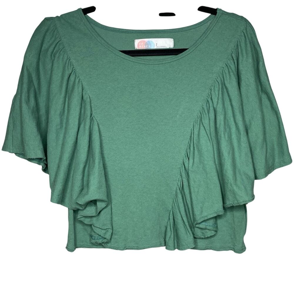 Free People FP Beach Women's Small Ruffle T-Shirt Top Green Boxy Boho Flutter